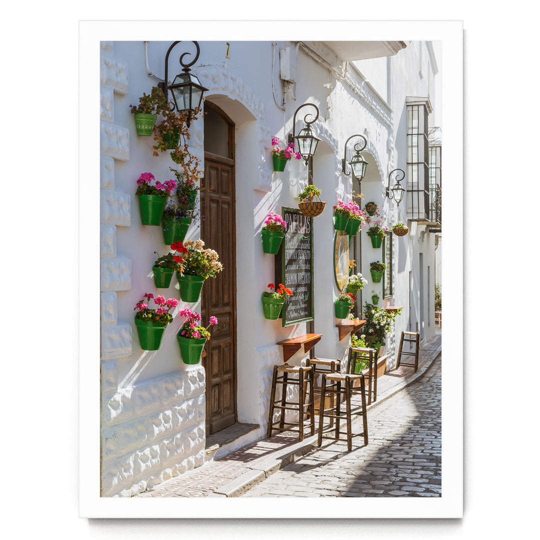 A charming street scene with a white building adorned with hanging flower pots and green planters, creating a vibrant and inviting atmosphere.