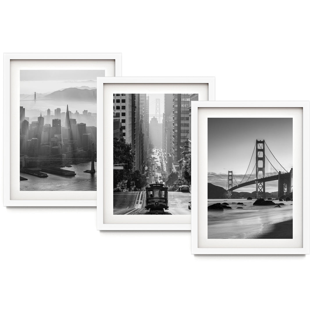The image is a collage of three black and white photographs depicting various cityscapes, including a city skyline, a trolley car, and a bridge.