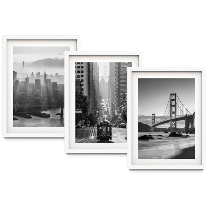 The image is a collage of three black and white photographs depicting various cityscapes, including a city skyline, a trolley car, and a bridge.