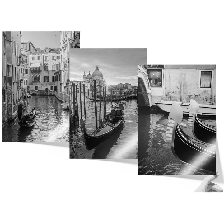 The image is a collage of three black and white photographs depicting gondolas on a canal in Venice, Italy.