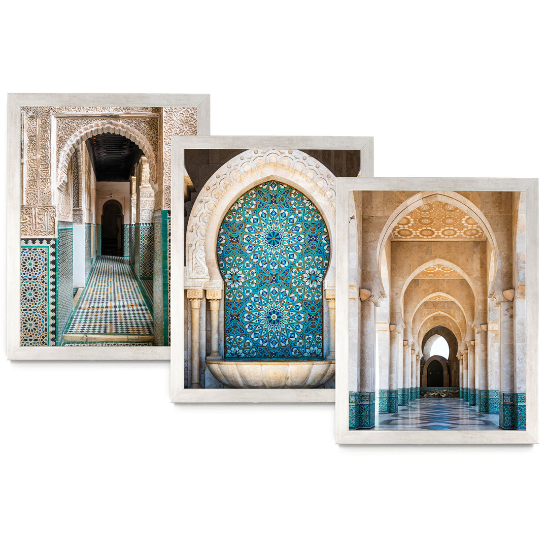 The image is a collage of three framed pictures, each depicting a different architectural structure with intricate designs and patterns.