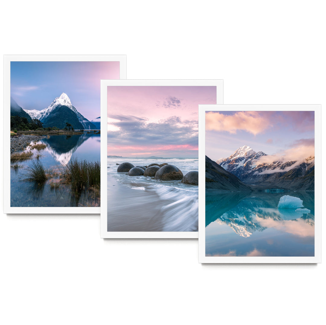 The image is a collage of three pictures depicting various scenic landscapes, including mountains, water, and reflections.