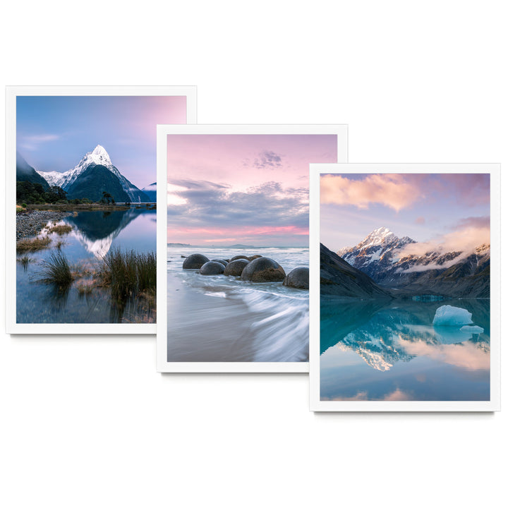 The image is a collage of three pictures depicting various scenic landscapes, including mountains, water, and reflections.