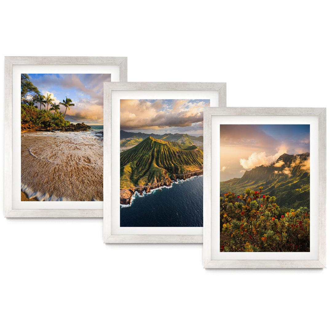 The image is a collage of three framed pictures, each depicting a different landscape scene. The first picture shows a beach with palm trees, the second picture depicts a mountainous coastline with a winding path, and the third picture features a lush, green forest with a winding path.
