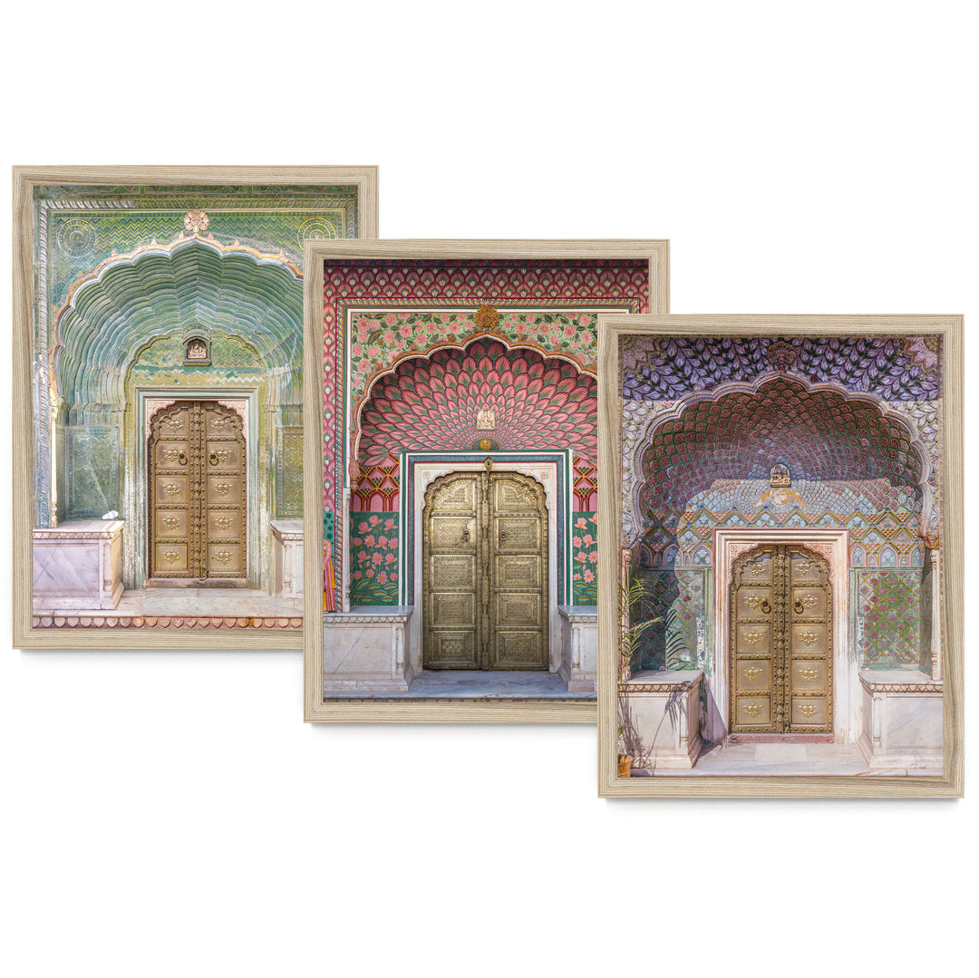 The image is a collage of three framed photographs depicting ornate, colorful doorways.