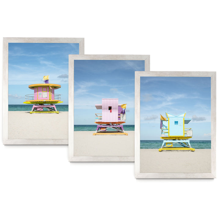 A collage of three images depicting colorful lifeguard towers on a beach.