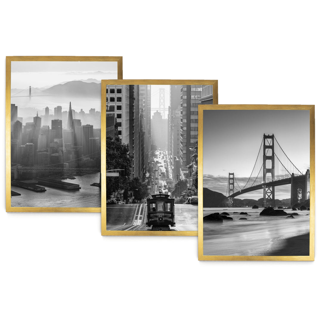 The image is a collage of three black and white photographs depicting various scenes from the San Francisco Bay area, including the Golden Gate Bridge, the city skyline, and a trolley car.
