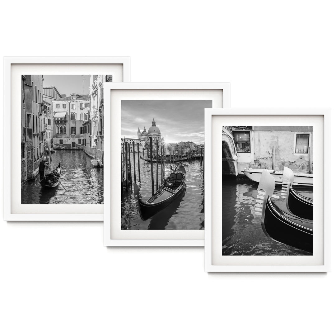 The image is a collage of three black and white photographs depicting gondolas on a canal in Venice, Italy.