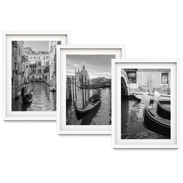 The image is a collage of three black and white photographs depicting gondolas on a canal in Venice, Italy.