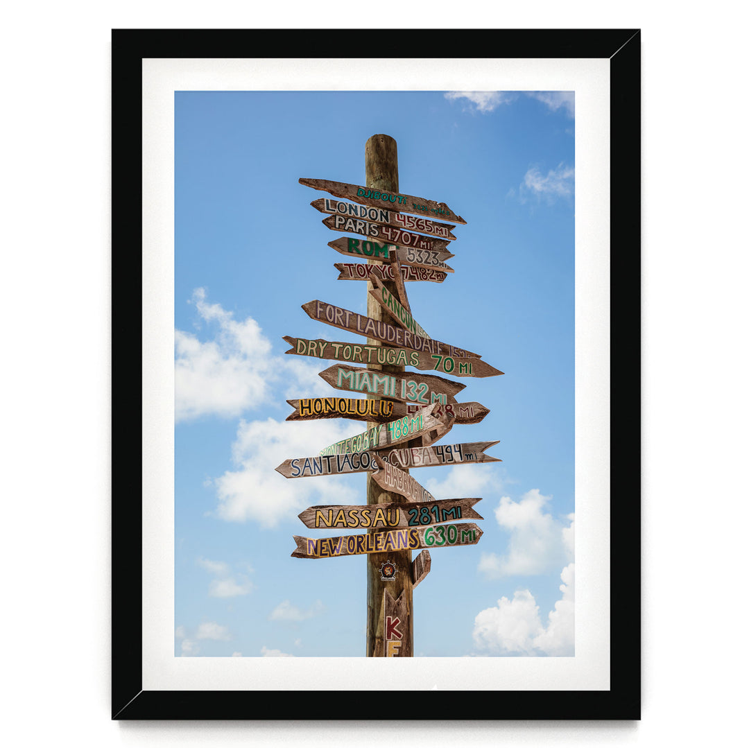 a wooden signpost with various destinations written on it, including London, Paris, New York, Miami, and others, against a blue sky with clouds.