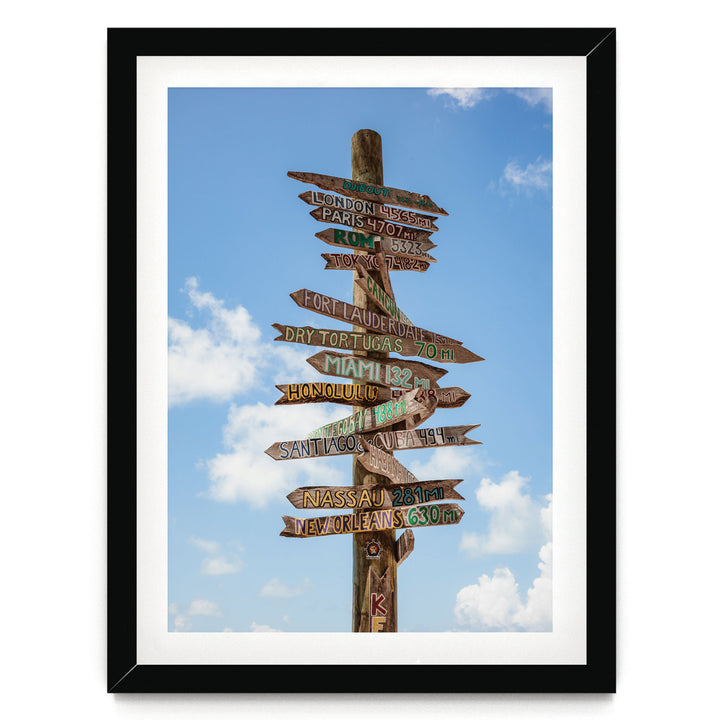 a wooden signpost with various destinations written on it, including London, Paris, New York, Miami, and others, against a blue sky with clouds.