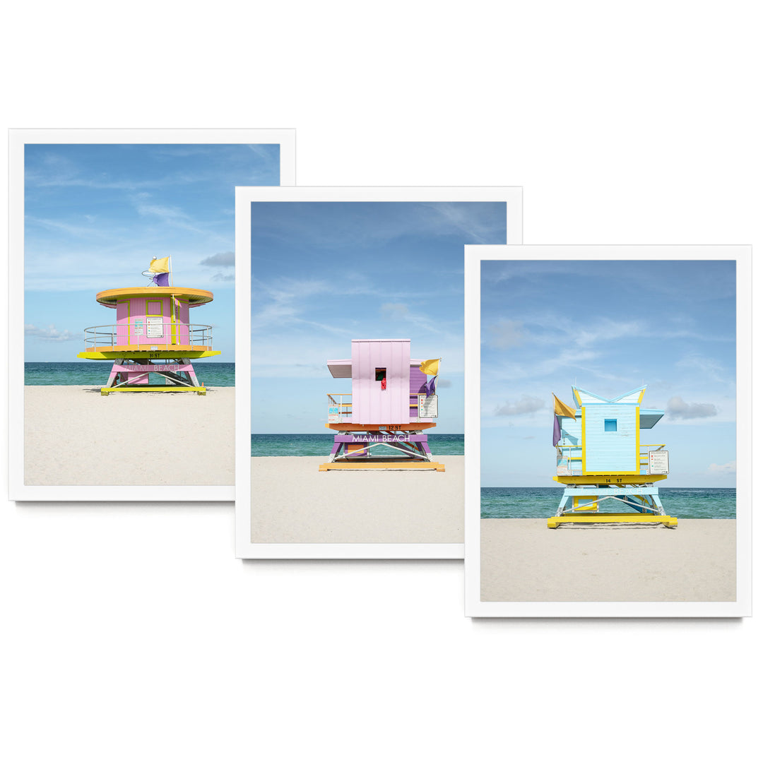 A collage of three images showing colorful lifeguard towers on a beach.