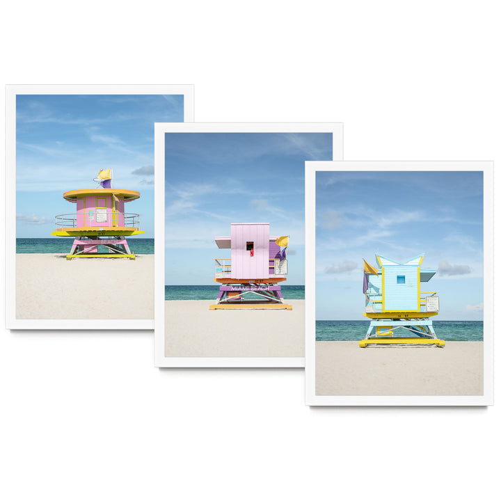 A collage of three images showing colorful lifeguard towers on a beach.