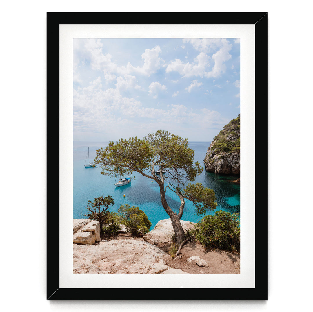 A framed photograph depicting a scenic view of a rocky coastline with a large tree, a small boat, and a clear blue sky with clouds.