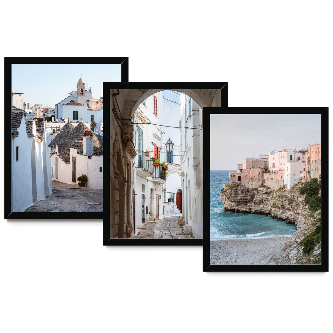 The image is a collage of three framed pictures, each depicting different scenes of coastal towns and villages. The first picture shows a narrow street lined with white buildings, the second picture depicts a coastal village with white buildings and a rocky cliff, and the third picture features a beach with a rocky cliff and the ocean in the background.