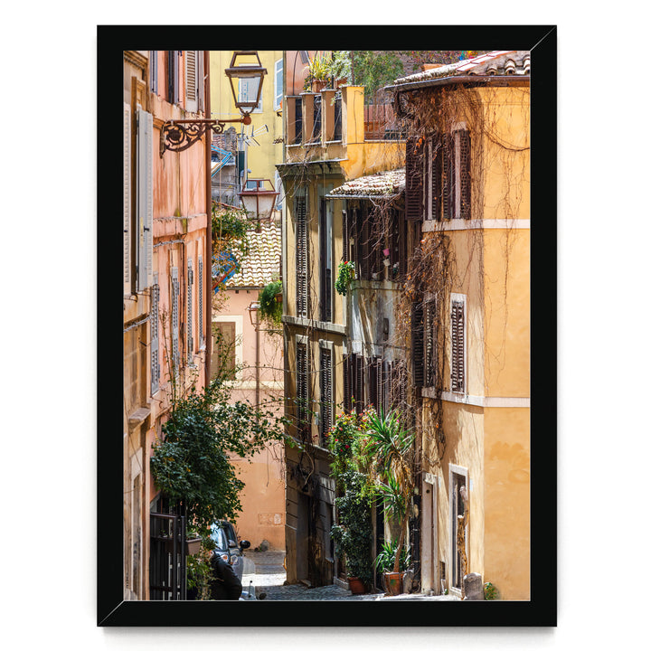 a narrow, charming street lined with colorful buildings, lush greenery, and a variety of potted plants.