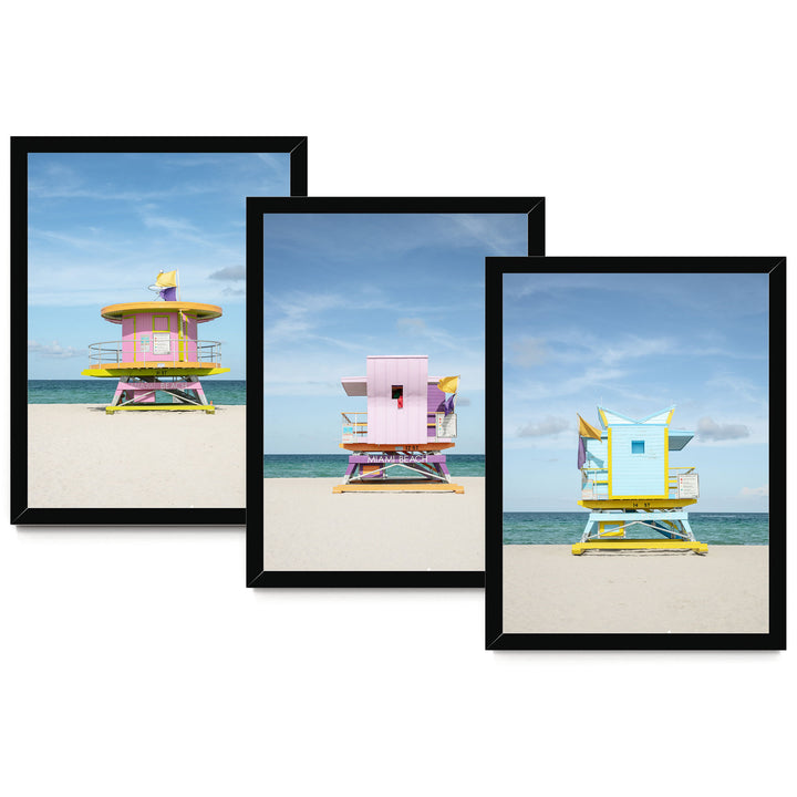 A collage of three framed images depicting colorful lifeguard towers on a beach.