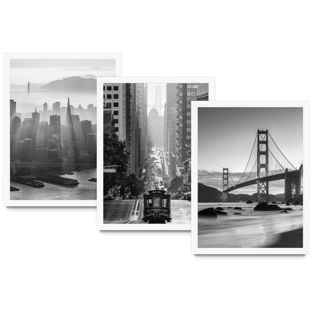 The image is a collage of three black and white photographs depicting various scenes from San Francisco, including the Golden Gate Bridge, the city skyline, and a trolley car.