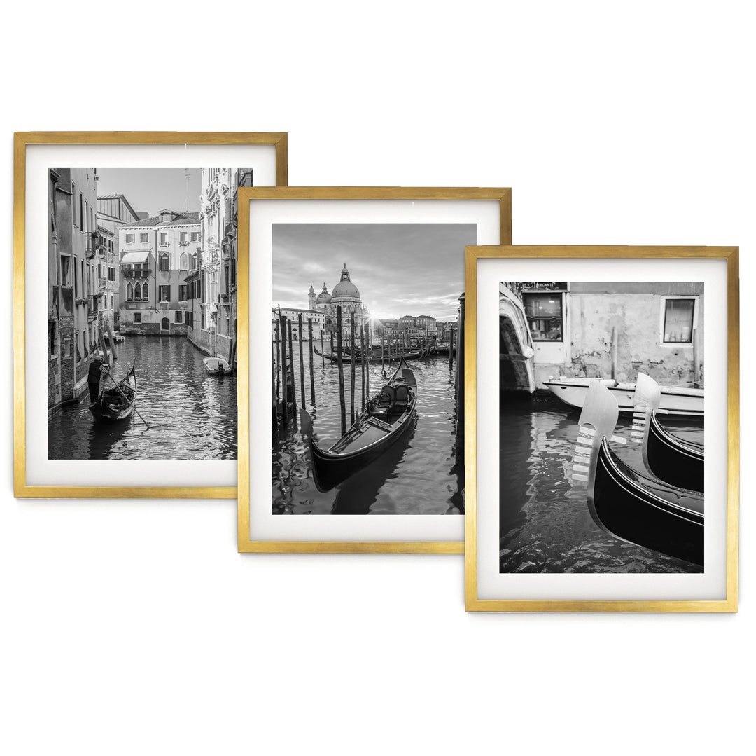The image is a collage of three framed black and white photographs depicting gondolas on a canal in Venice, Italy.