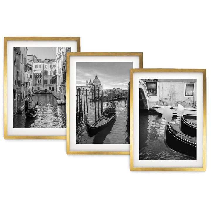 The image is a collage of three framed black and white photographs depicting gondolas on a canal in Venice, Italy.