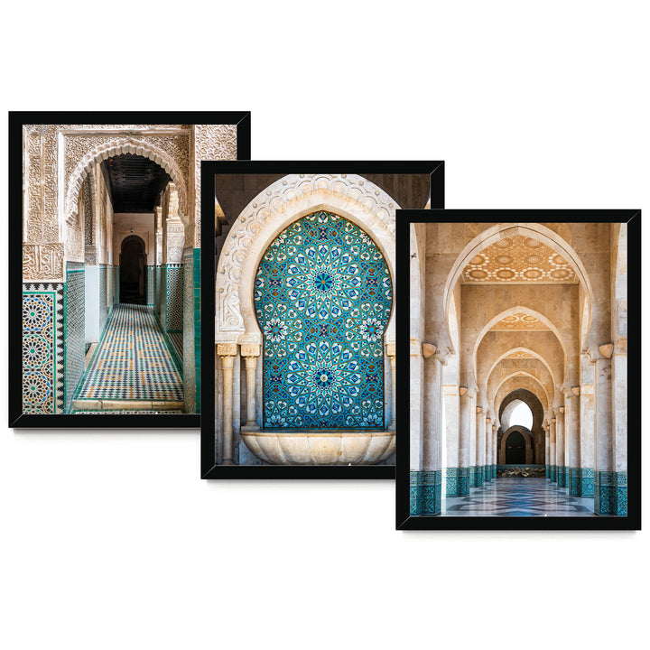The image is a collage of three framed pictures, each depicting a different architectural structure. The first picture shows an arched doorway with intricate tilework. The second picture features a large, ornate archway with a blue and white pattern. The third picture shows a long hallway with arched doorways and a tiled floor.
