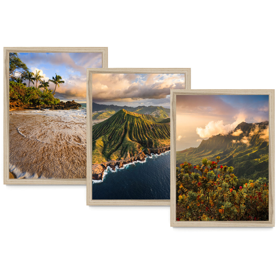 The image is a collage of three framed pictures depicting various landscapes, including a beach, mountains, and a coastal scene.