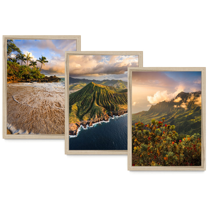 The image is a collage of three framed pictures depicting various landscapes, including a beach, mountains, and a coastal scene.