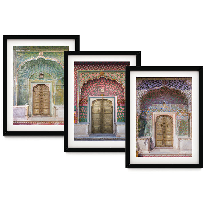 three framed photographs of ornate, colorful doorways.