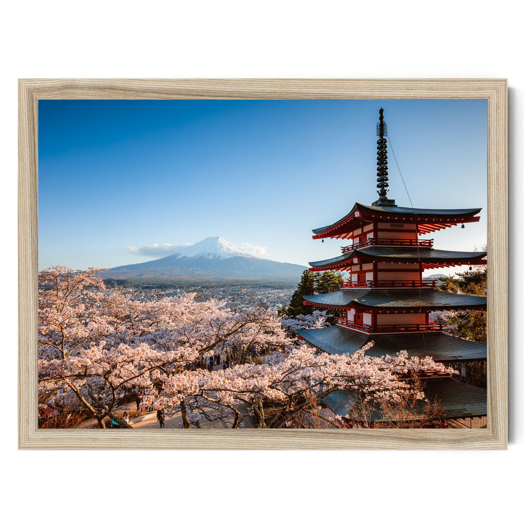 A traditional Japanese pagoda stands in the foreground, with cherry blossoms in full bloom in the background, against a backdrop of a snow-capped mountain.
