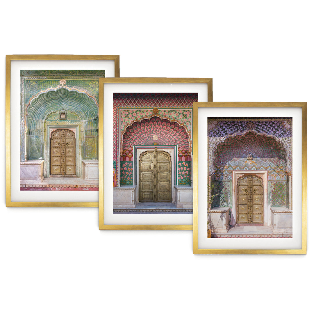 The image is a collage of three framed pictures, each depicting a different ornate doorway or archway. The frames have a gold border, and the pictures are arranged in a row on a white background.