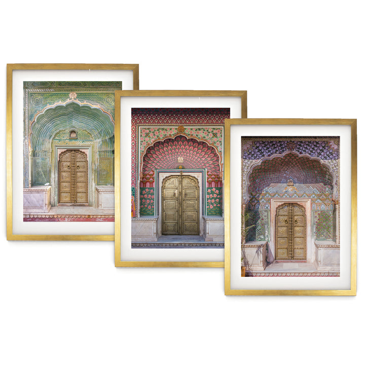 The image is a collage of three framed pictures, each depicting a different ornate doorway or archway. The frames have a gold border, and the pictures are arranged in a row on a white background.