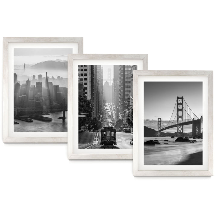 The image is a collage of three framed black and white photographs depicting various city scenes, including a cityscape, a trolley car, and a bridge.