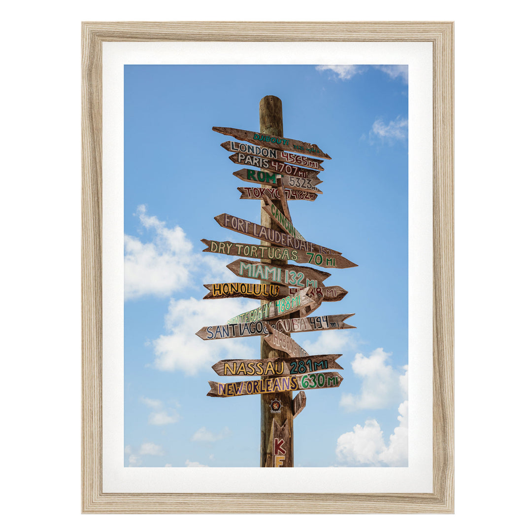 a wooden signpost with various destinations written on it, including London, Paris, New York, Miami, and others, against a blue sky with clouds.