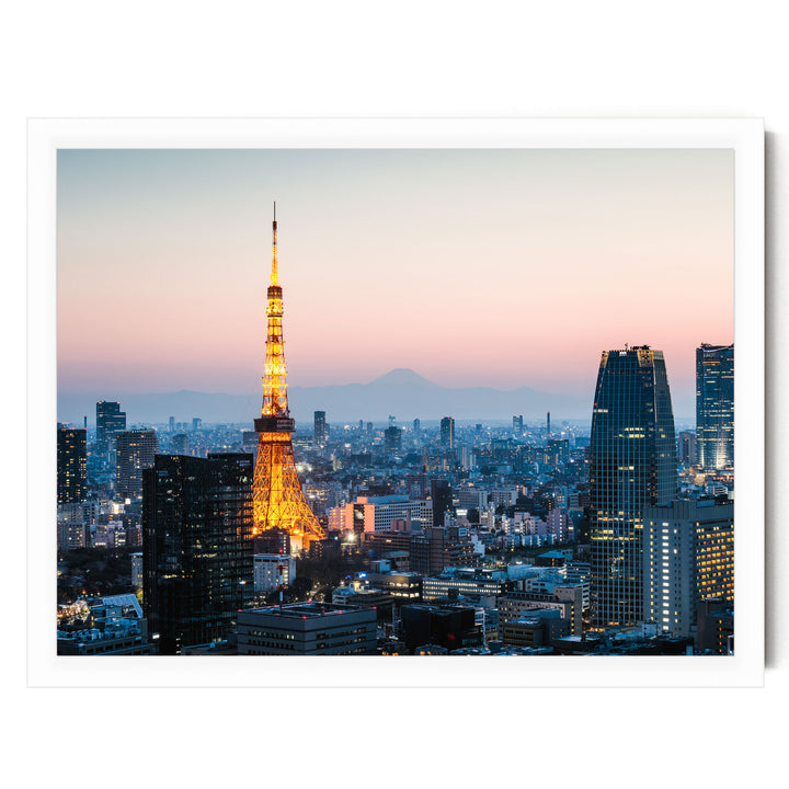 a cityscape at dusk, with the Tokyo Tower illuminated against the evening sky.