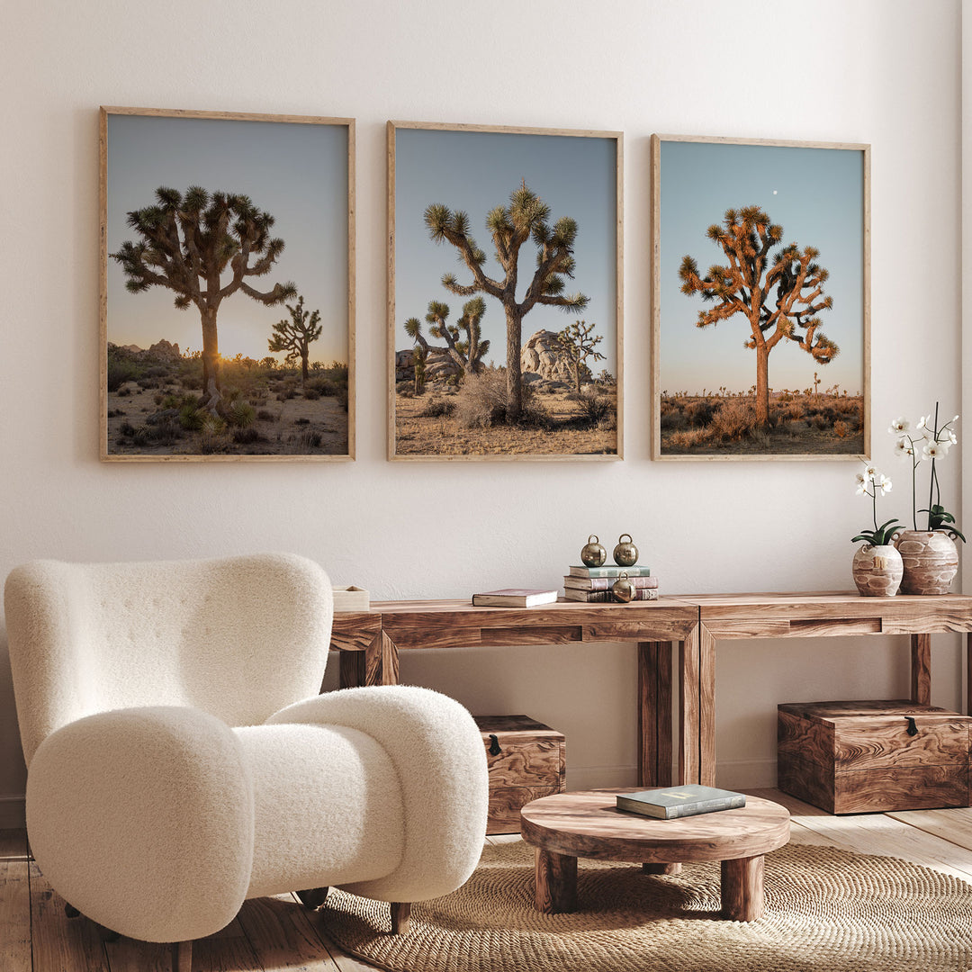 a living room with three pictures on the wall