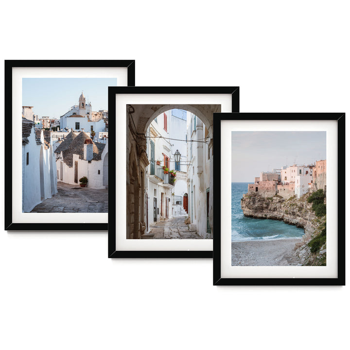 The image is a collage of three framed pictures, each depicting different scenes of a coastal town. The first picture shows a narrow street lined with white buildings, the second picture features a street with a large archway, and the third picture captures a beach with a rocky cliff overlooking the ocean.