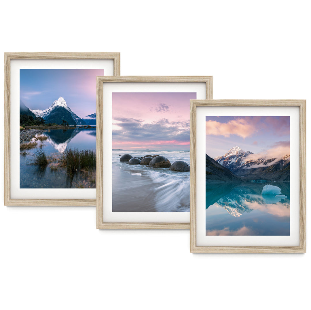 The image is a collage of three framed landscape photographs depicting various scenic mountain and beach landscapes.