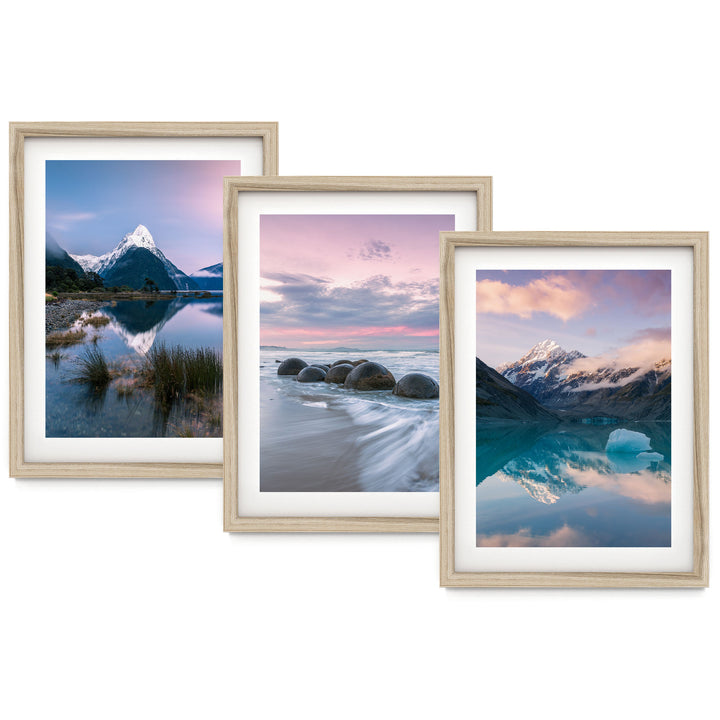 The image is a collage of three framed landscape photographs depicting various scenic mountain and beach landscapes.