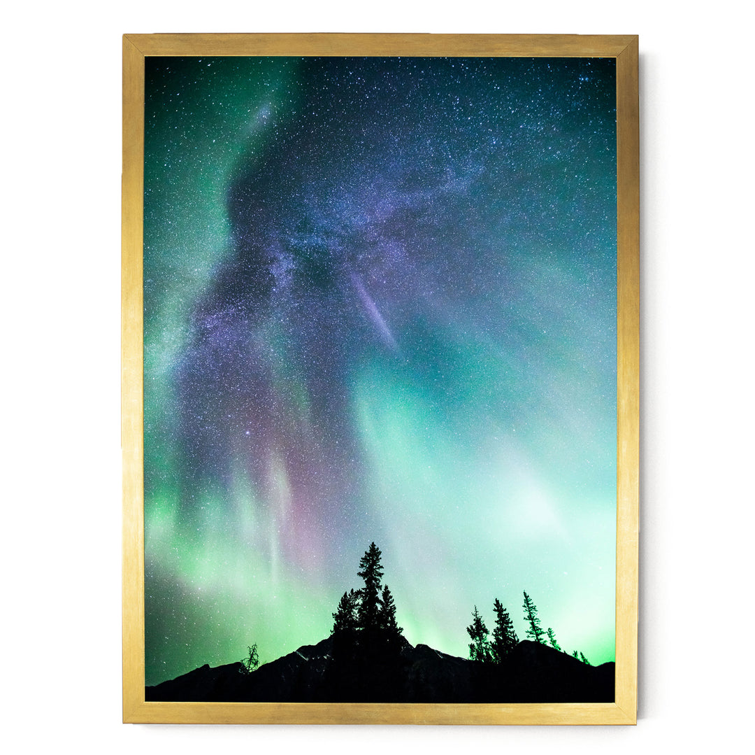 a stunning night sky with a vibrant display of the Aurora Borealis, or Northern Lights, illuminating the surrounding landscape. The silhouettes of trees can be seen in the foreground, adding a sense of depth and scale to the scene. The colors in the sky are a mix of green, blue, purple, and white, creating a mesmerizing and otherworldly atmosphere.