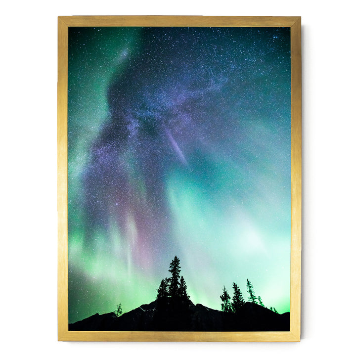 a stunning night sky with a vibrant display of the Aurora Borealis, or Northern Lights, illuminating the surrounding landscape. The silhouettes of trees can be seen in the foreground, adding a sense of depth and scale to the scene. The colors in the sky are a mix of green, blue, purple, and white, creating a mesmerizing and otherworldly atmosphere.