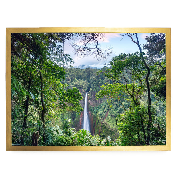 A lush, verdant forest with a towering waterfall cascading down the rocky cliff face, framed within a golden border.