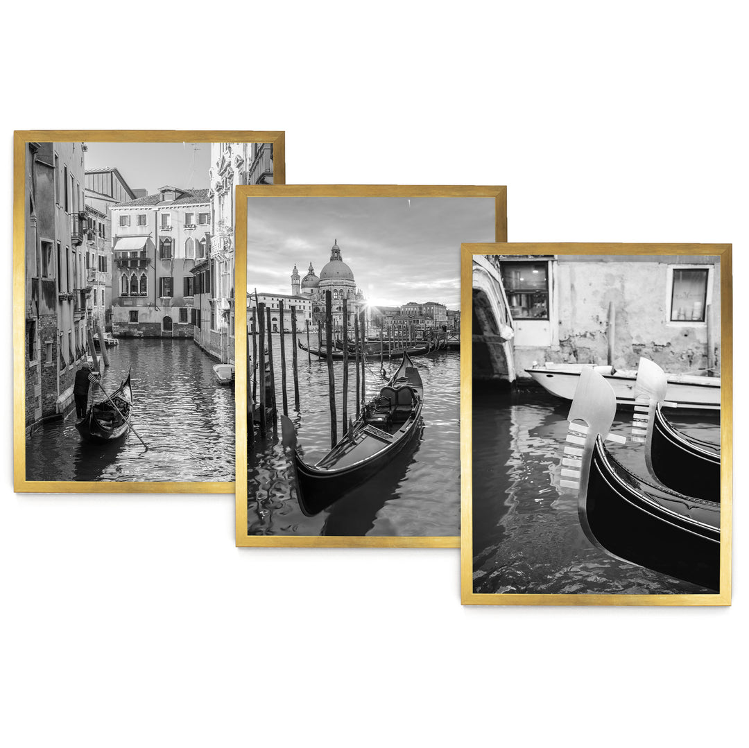 The image is a collage of three black and white photographs depicting gondolas and the iconic canals of Venice, Italy.