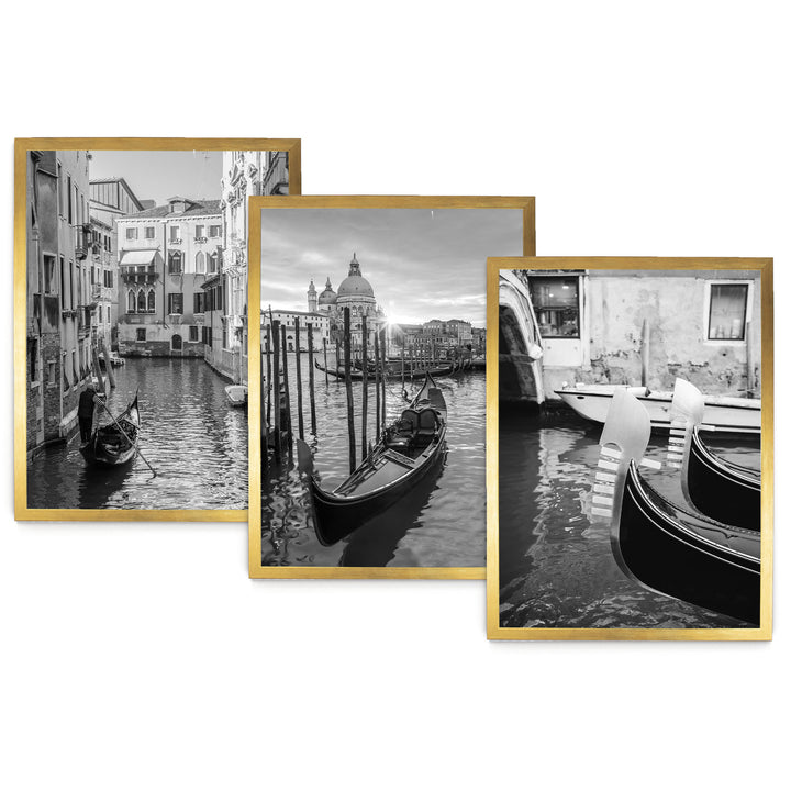 The image is a collage of three black and white photographs depicting gondolas and the iconic canals of Venice, Italy.