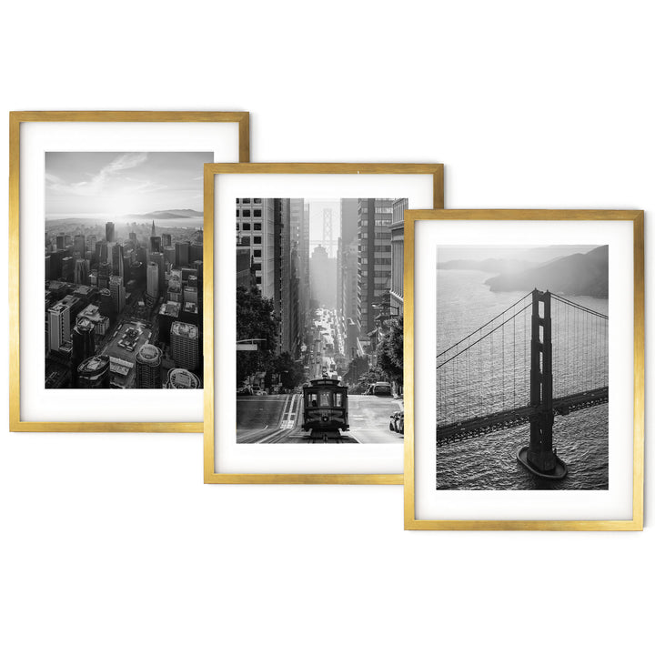 three black and white photos of the golden gate bridge