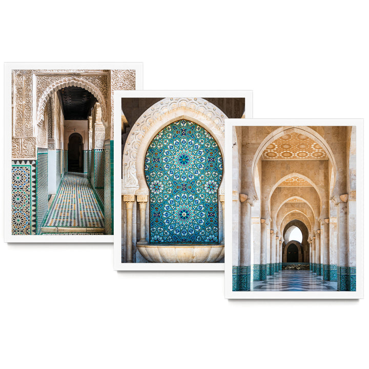 The image is a collage of three photographs depicting ornate architectural structures, including arches, columns, and intricate tile work.