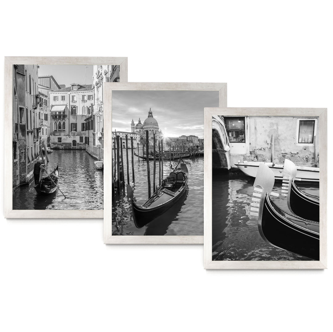 The image is a collage of three black and white photographs depicting gondolas and the Venetian canal.