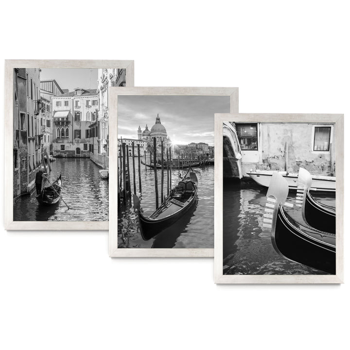 The image is a collage of three black and white photographs depicting gondolas and the Venetian canal.