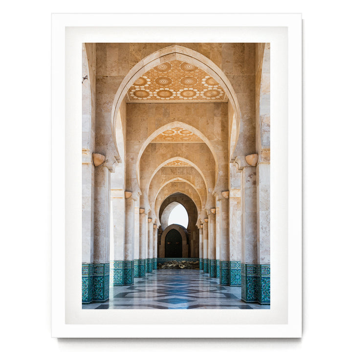 a long, ornate hallway with arched doorways and columns, creating a sense of depth and perspective.