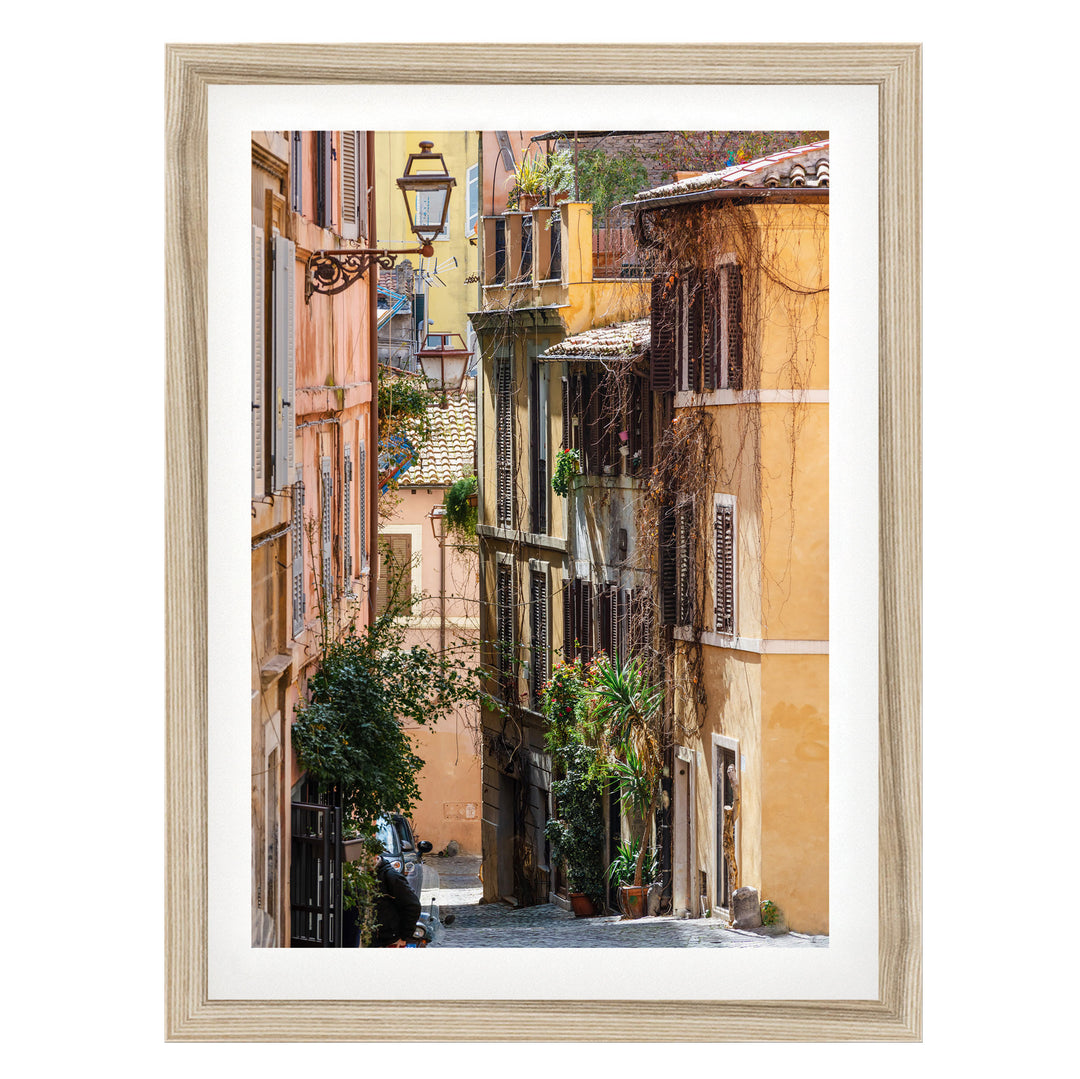 a narrow, historic street lined with colorful buildings, lush greenery, and a lamp post.