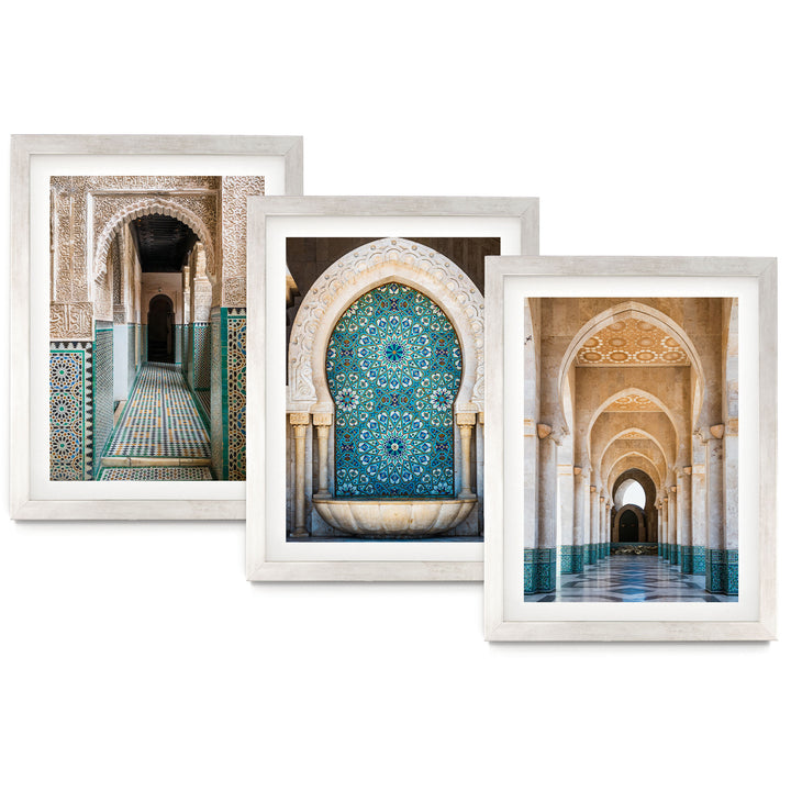 The image is a collage of three framed photographs depicting various architectural elements, including arches, columns, and intricate tile work.